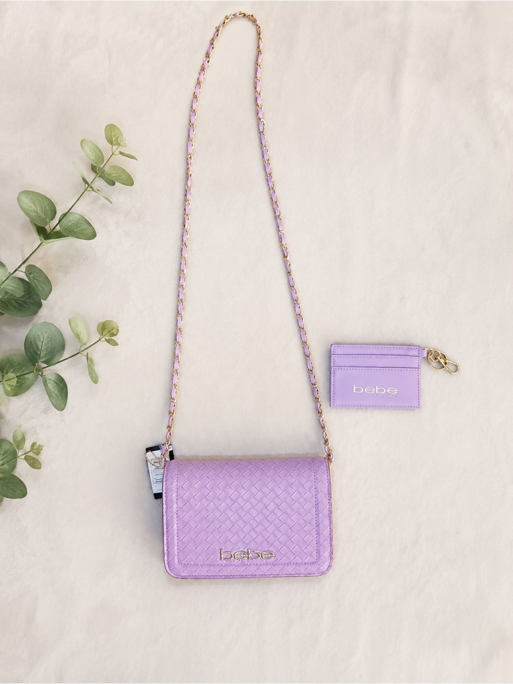 Bebe Violet Woven Crossbody Purse & Matching Card Holder Set NWT
